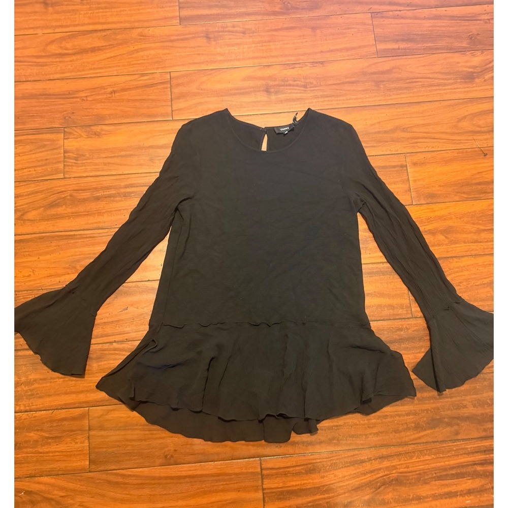 Theory Lexanda C-Idol Jersey Black Wool Silk Blend Bell Sleeve Peplum Top L